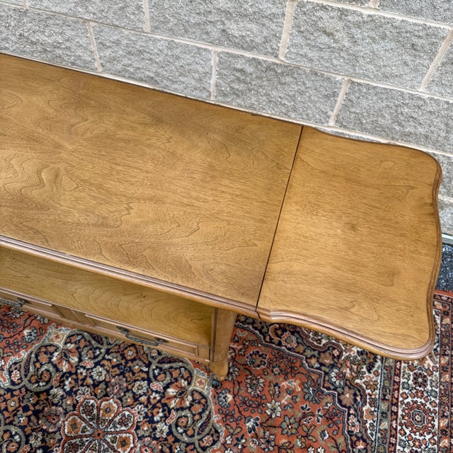 Century Furniture Vintage French Louis Xv Blond Walnut 2 Drawer Drop Leaf Rolling Serving Cart or Bar Cart For Sale - Image 4 of 18
