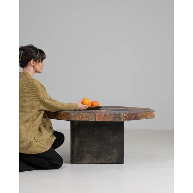 1970s Octagonal Brutalist Slate Stone Table With Iron Base For Sale - Image 5 of 11