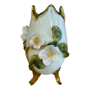 Antique Victorian Stevens & Williams Applied Floral Decorated 8" Art Glass Vase
