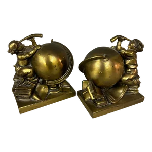 Antique 1920s Jennings Brothers Cast Bronzed Metal Astronomer Bookends - a Pair