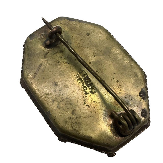 Art Nouveau 1940s Italian Micro Mosaic Inlay Jade Brass Brooch For Sale - Image 3 of 5