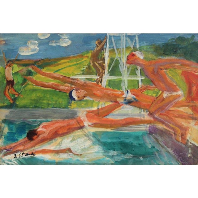 The divers', oil on board affixed to stretcher, by berthommé saint-andré (circa 1930s). A dynamic composition capturing...