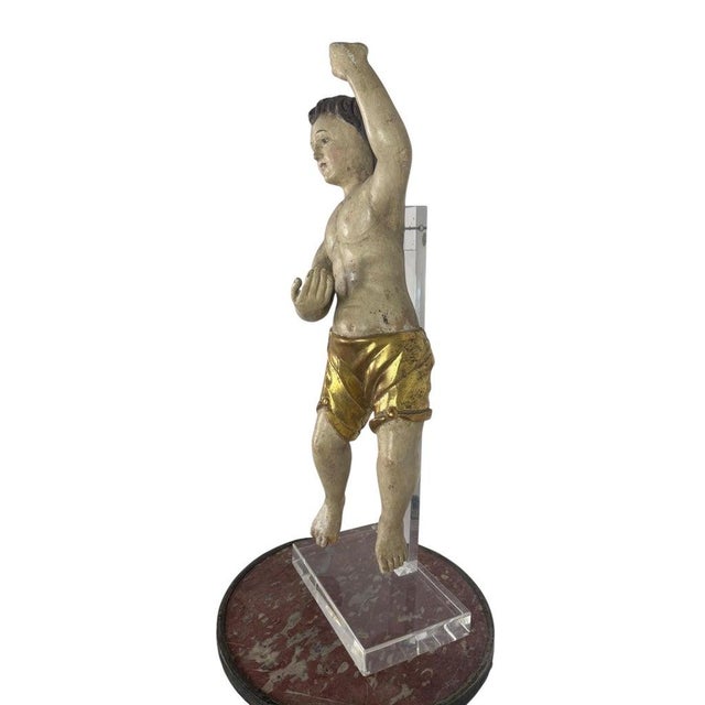 19th Century 19th Century Carved Polychrome and Giltwood Statue of a Putti For Sale - Image 5 of 14