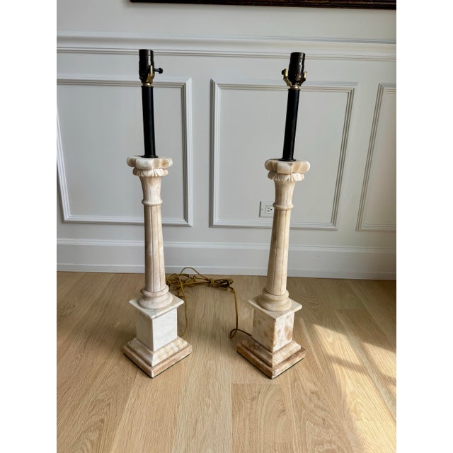 Stone Exceptional Vintage Pair of Italian Hand-Carved Alabaster Neoclassical Column Table Lamps – Newly Rewired For Sale - Image 7 of 11