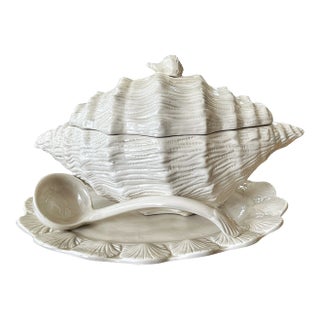 Vintage White Ceramic Conch Shell Soup Tureen With Underplate & Ladle - Set of 3 For Sale