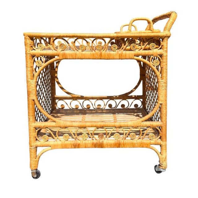 Chippendale Fiddle Leaf Rattan Bar Cart For Sale - Image 3 of 8