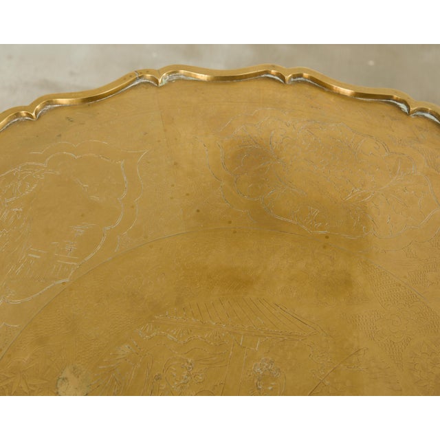 Asian Etched Brass Tray Table on Six Leg Folding Stand For Sale In Sacramento - Image 6 of 12