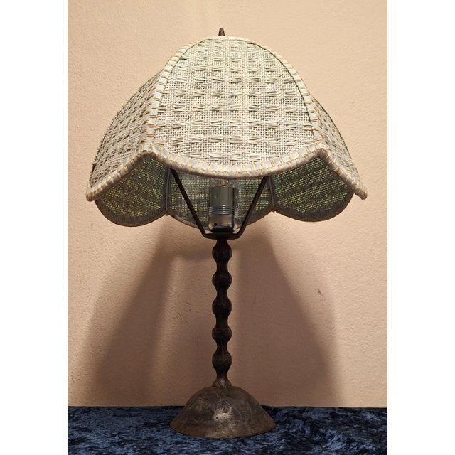 Textile Mid-Century Rustic Wrought Iron Table Lamp with Mint-Beige Fabric Shade, 1950s For Sale - Image 7 of 9