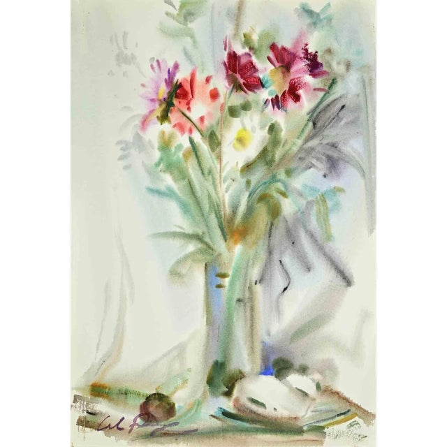 Carlo Ravagnan, Vase of Flowers, Watercolor, 1969 For Sale