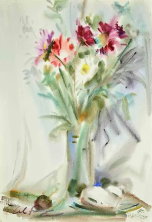 Carlo Ravagnan, Vase of Flowers, Watercolor, 1969