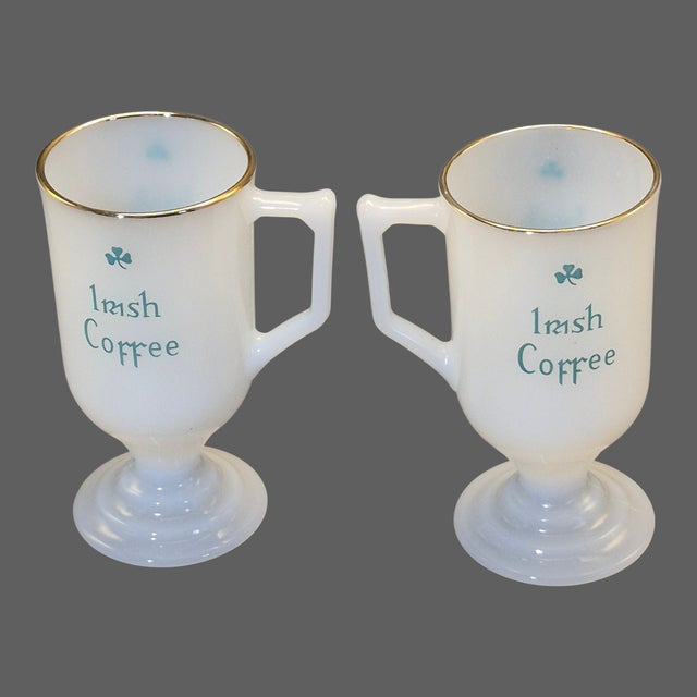 Late 20th Century Vintage Milk Glass Painted Shamrocks Gilded Rim Irish Coffee Mugs - Pair For Sale - Image 5 of 7