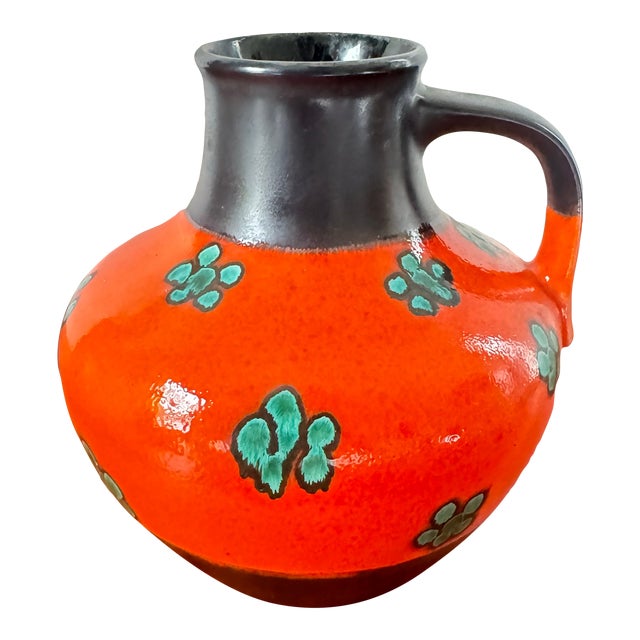 Carstens Tönnieshof Vintage Mid Century West German Orange Vessel With Teal Flowers For Sale