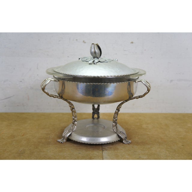 Silver Vintage Hammered Aluminum Chafing Dish Server W/ Pyrex Glass Insert Dogwood Legs For Sale - Image 8 of 14