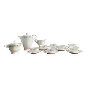 1920s Tea or Coffee Service in Limoges Porcelain From France, Enamel From Limoges Porcelaine d'Art à La Couronne- 17 Pieces