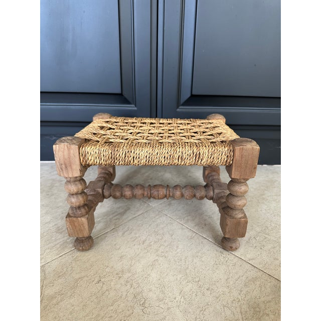 Adrien Audoux and Frida Minet Vintage French Audoux Minet Style Handcrafted Rope & Wood Stool For Sale - Image 4 of 16