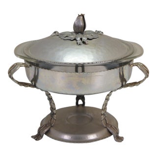 Vintage Hammered Aluminum Chafing Dish Server W/ Pyrex Glass Insert Dogwood Legs For Sale