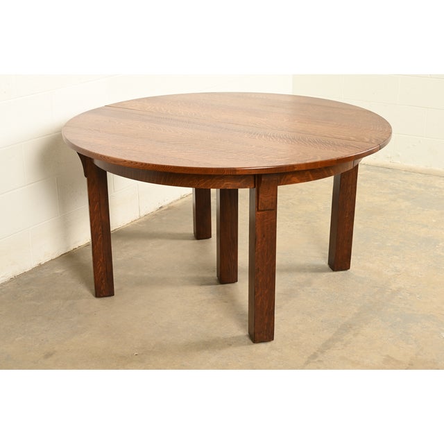 Mission Limbert Antique Mission Oak Arts & Crafts Five-Leg Extension Dining Table, Newly Refinished For Sale - Image 3 of 15