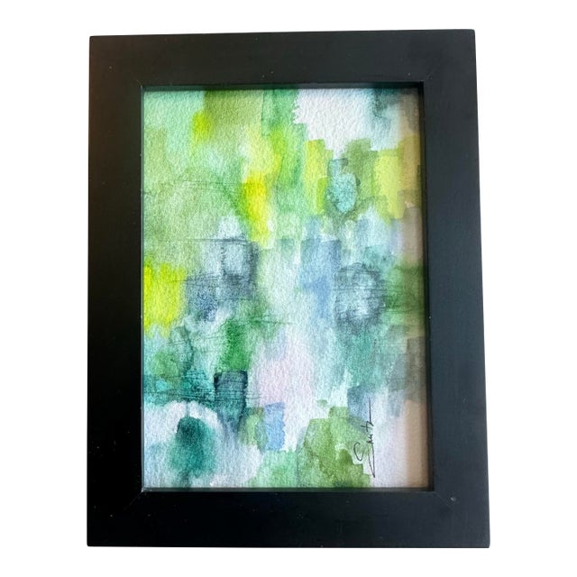 Abstract Green & Blue Watercolor Study in Black Frame For Sale