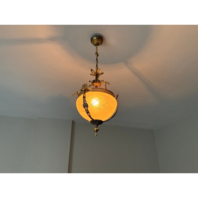 1960s 1960s French Brass & Etched Glass Bowl Pendant Light - Restored For Sale - Image 5 of 18
