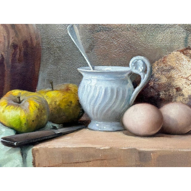 Still Life with Fruit & Bread Rustic French Farmhouse Interior by French Artist 1992 Circa For Sale - Image 4 of 18