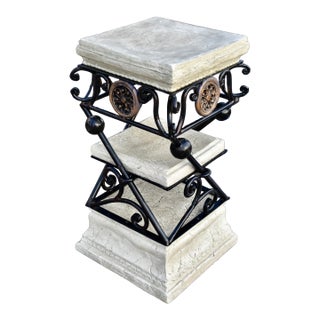 Faux Stone Plant Stand Side Table 3 Tier Vintage Neoclassical Metal 25" For Sale