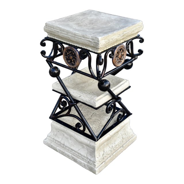 Faux Stone Plant Stand Side Table 3 Tier Vintage Neoclassical Metal 25" For Sale