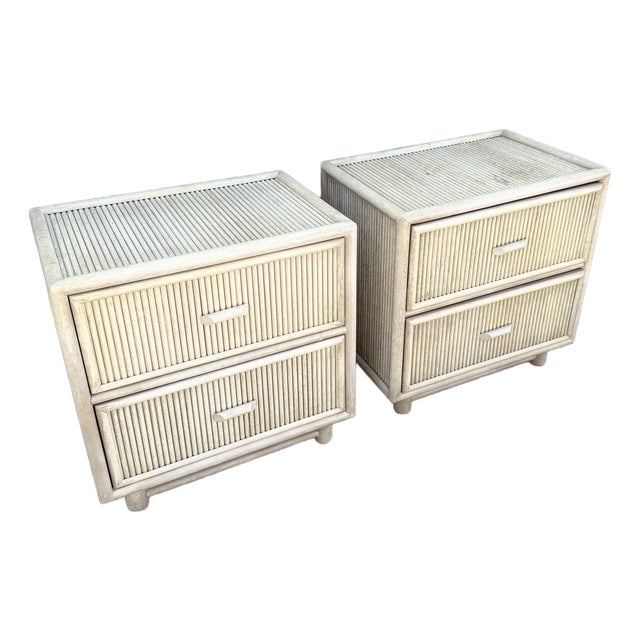 Boho Chic Cream Washed Rattan Nighstands - A Pair For Sale