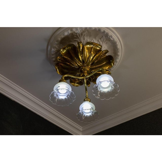 1920s French Art Nouveau Brass and Glass Three-Light Flush Mount Ceiling Light, 1920 For Sale - Image 5 of 18