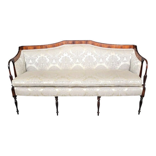 Federal Style Colonial Revival Mahogany Settee With Serpentine Crest Rail & Damask For Sale