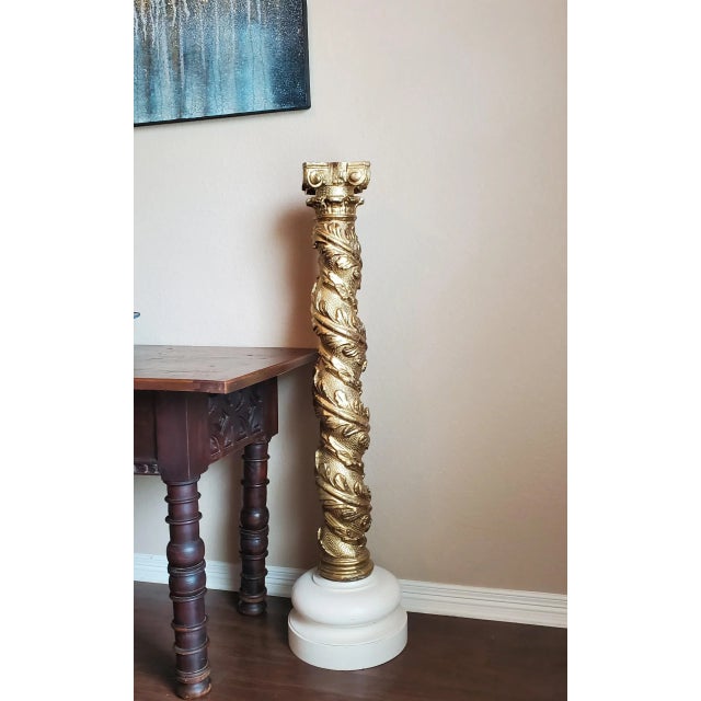 19th C. French Architectural Spiral Turned Carved Gilt Wood Ionic Column Now Sculptural Pedestal Stand For Sale - Image 12 of 12