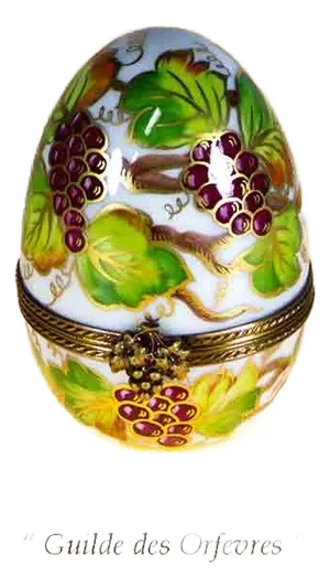 1990s Vintage Small Easter Egg Box With Painting Grape/Vine Motif