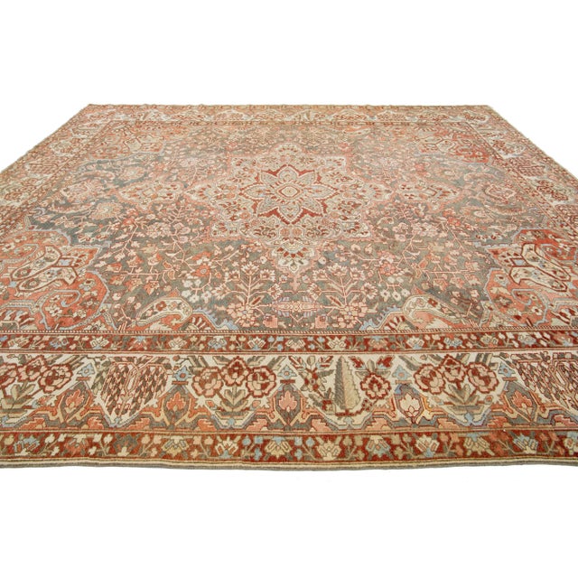Peach Persian Medallion Bakhtiari Wool Rug Was Handcrafted in the 1920s For Sale - Image 4 of 8