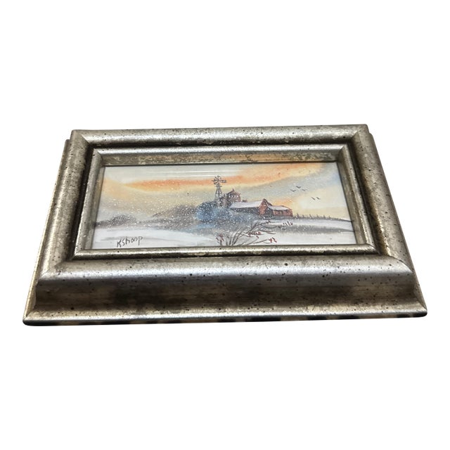1970s Kit Shoop Original Art Tiny Winter Landscape With Red Barn and Windmill For Sale
