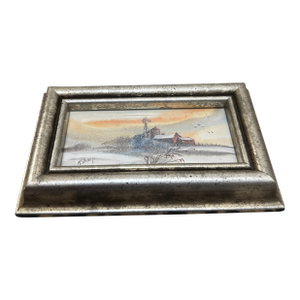 1970s Kit Shoop Original Art Tiny Winter Landscape With Red Barn and Windmill