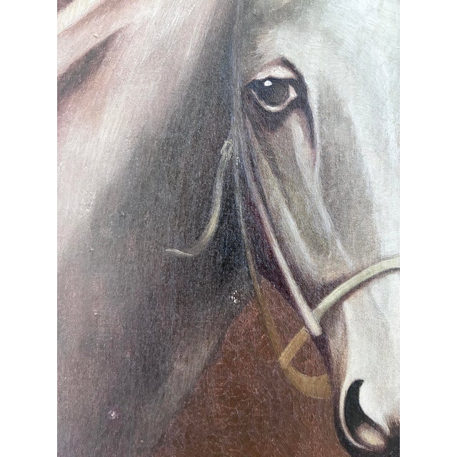 1940s Vintage Original White Horse Oil Painting, Signed Equestrian Portrait - Signed For Sale - Image 5 of 14