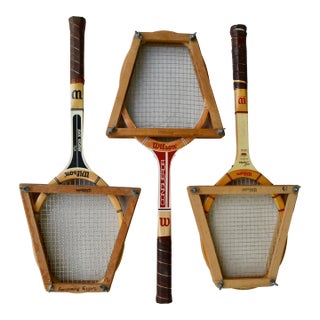 Mid 20th Century Wilson Wooden Tennis Racquets With Presses - Set of 3 - For Sale