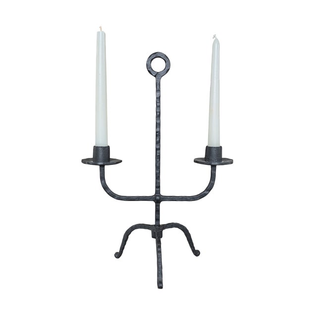 Vintage Mid 20th Century Hand Forged Iron Black Candle Holder Double Arm Candelabra Stands 15.5" Tall