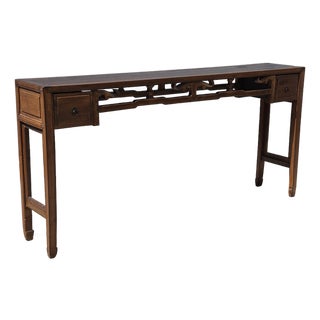 Vintage Asian Carved Elm Wood Extra Long 74” Altar Table Console Table Sideboard W/ 2 Drawers For Sale
