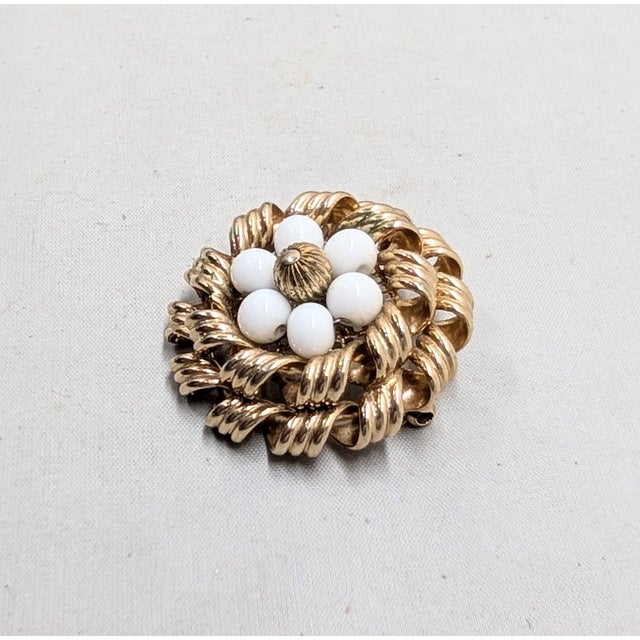 1950s Vintage 1950s Signed Napier Round Goldtone White Beaded Brooch For Sale - Image 5 of 7