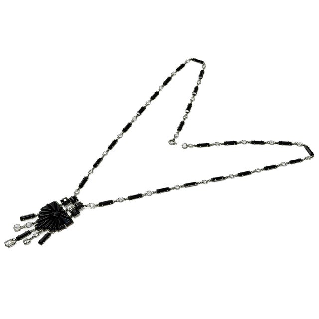 Czechoslovakian Art Deco Black Glass and Crystal Geometric Pendant Necklace, 1920s For Sale - Image 6 of 11