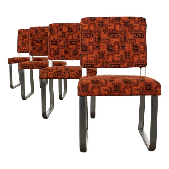 Art Deco to Streamline Modern Railroad Dining Car Chairs in Stainless Steel & Orange Abstract Upholstery For Sale