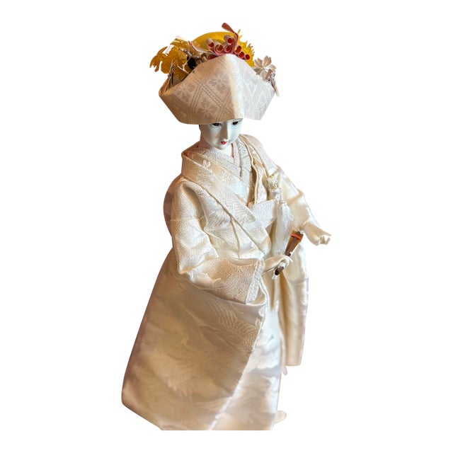 Vintage Japanese Ceremonial Figure in Ivory Kimono on Wood Base For Sale