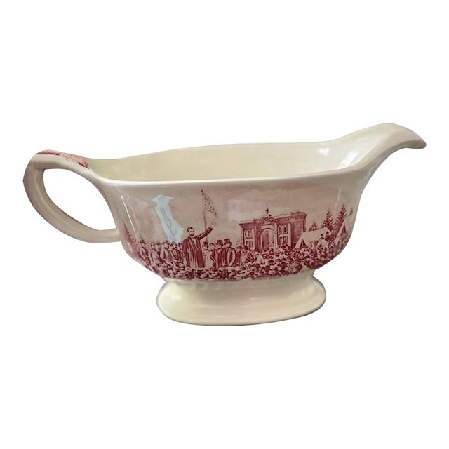 1940s Homer Laughlin Pink and White Transferware Gravy Boat For Sale