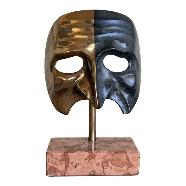 Signed Venetian Baroque Brass Dual-Finish Gilded Pantalone Theatrical Mask Sculpture on Marble Base For Sale