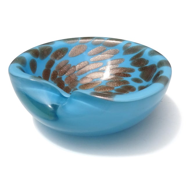 Mid 20th Century Vintage Murano Sky Blue Copper Aventurine Flecks Spots Italian Art Glass Decorative Bowl Ashtray Dish For Sale - Image 5 of 7