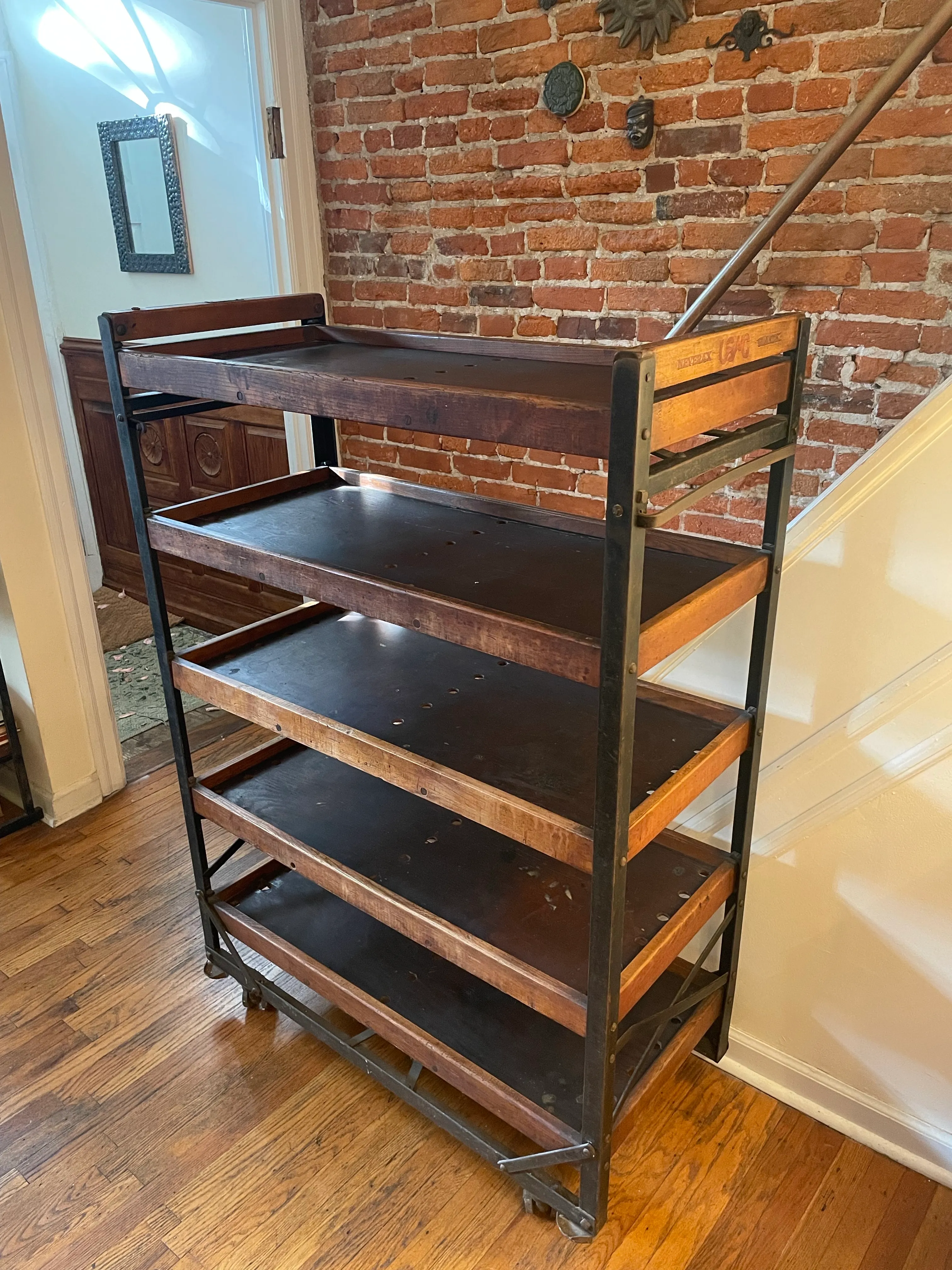 Vintage 80s Industrial Display Rack 引取限定 Antique Industrial Neverax Wood and Iron Rolling Open Shelving