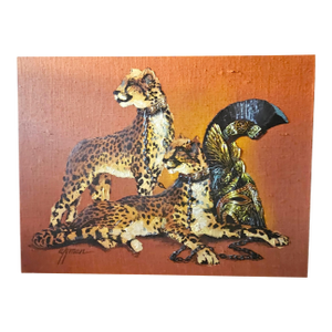 Cheetah & Roman Helmet Oil on Burlap Original Painting Signed Wyman 48" X 36"