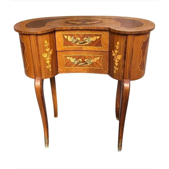 1940s Two-Drawer Continental Marquetry Mahogany Kidney Dressing Table For Sale - Image 11 of 11