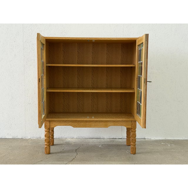 Brown Vintage Oak Display Cabinet with Stained Glass Doors by Henning Kjærnulf, 1960s For Sale - Image 8 of 14