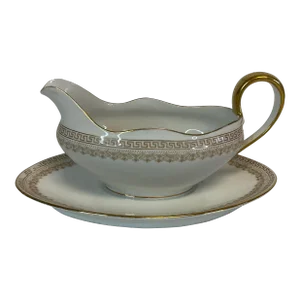 Early 1900s Antique French Regency Limoges Gravy Boat With Greek Key Rim